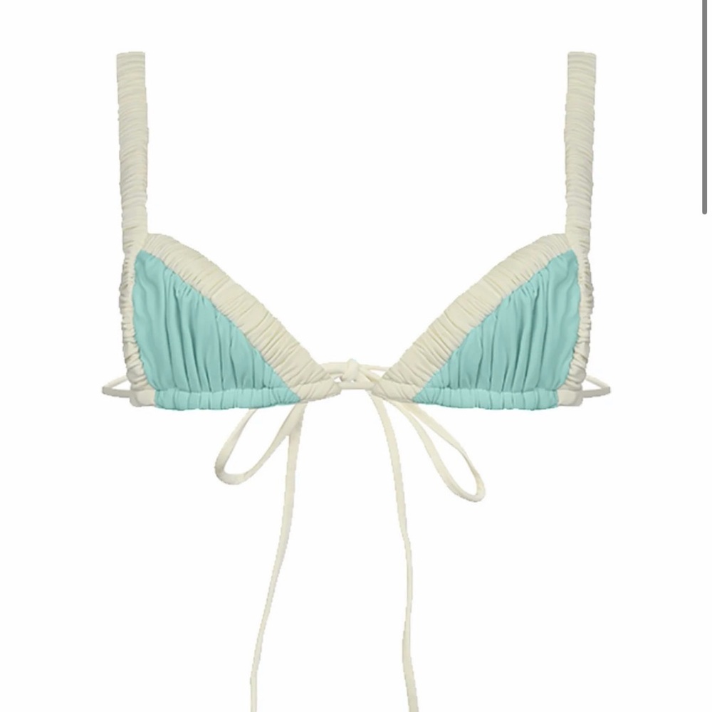 Cream-Trim Aqua Triangle Bikini Top